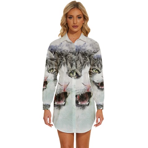 Cat Pet Art Abstract Watercolor Womens Long Sleeve Shirt Dress by Jancukart