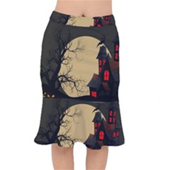 Halloween Moon Haunted House Full Moon Dead Tree Short Mermaid Skirt by Ravend