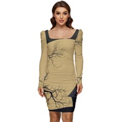 Halloween Moon Haunted House Full Moon Dead Tree Women Long Sleeve Ruched Stretch Jersey Dress by Ravend