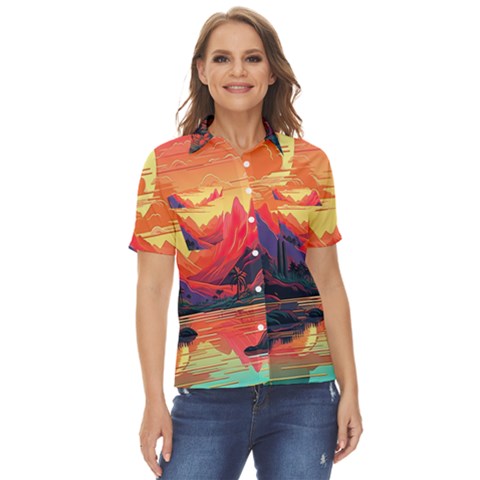 Tropical Landscape Island Background Wallpaper Women s Short Sleeve Double Pocket Shirt by Ravend