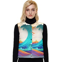 Tsunami Tidal Wave Waves Minimalist Ocean Sea Women s Short Button Up Puffer Vest by Ravend