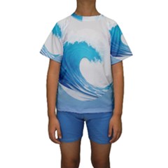 Wave Tsunami Tidal Wave Ocean Sea Water Kids  Short Sleeve Swimwear by Ravend