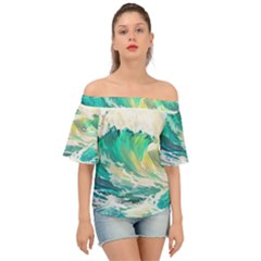 Waves Ocean Sea Tsunami Nautical Painting Off Shoulder Short Sleeve Top by Ravend