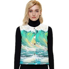 Waves Ocean Sea Tsunami Nautical Painting Women s Short Button Up Puffer Vest by Ravend