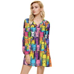 Cats Rainbow Pattern Colorful Feline Pets Tiered Long Sleeve Mini Dress by Ravend