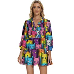 Cats Rainbow Pattern Colorful Feline Pets V-neck Placket Mini Dress by Ravend