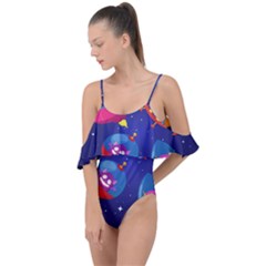 Cartoon-funny-aliens-with-ufo-duck-starry-sky-set Drape Piece Swimsuit by Salman4z