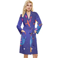 Cartoon-funny-aliens-with-ufo-duck-starry-sky-set Long Sleeve Velvet Robe by Salman4z