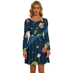 Seamless-pattern-with-funny-aliens-cat-galaxy Long Sleeve Wide Neck Velvet Dress by Salman4z