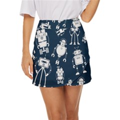 White-robot-blue-seamless-pattern Mini Front Wrap Skirt by Salman4z