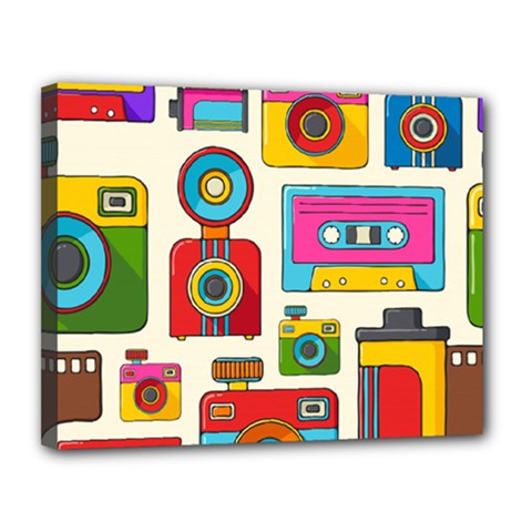 Retro-cameras-audio-cassettes-hand-drawn-pop-art-style-seamless-pattern Canvas 14  X 11  (stretched) by Salman4z