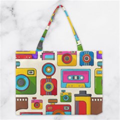 Retro-cameras-audio-cassettes-hand-drawn-pop-art-style-seamless-pattern Medium Tote Bag by Salman4z