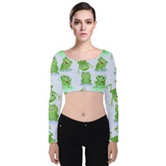 Cute-green-frogs-seamless-pattern Velvet Long Sleeve Crop Top by Salman4z