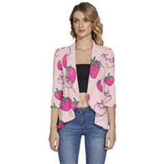 Seamless-strawberry-fruit-pattern-background Women s 3/4 Sleeve Ruffle Edge Open Front Jacket by Salman4z