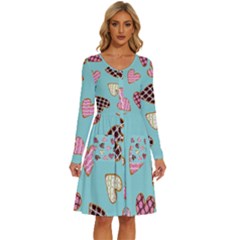 Seamless Pattern With Heart Shaped Cookies With Sugar Icing Long Sleeve Dress With Pocket by pakminggu