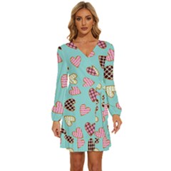 Seamless Pattern With Heart Shaped Cookies With Sugar Icing Long Sleeve Waist Tie Ruffle Velvet Dress by pakminggu