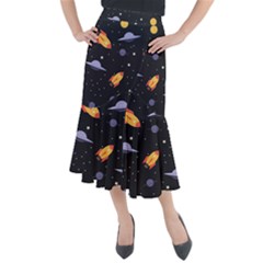 Cosmos Rockets Spaceships Ufos Midi Mermaid Skirt by pakminggu