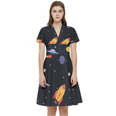 Cosmos Rockets Spaceships Ufos Short Sleeve Waist Detail Dress by pakminggu