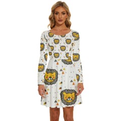 Lion Heads Pattern Design Doodle Long Sleeve Wide Neck Velvet Dress by pakminggu