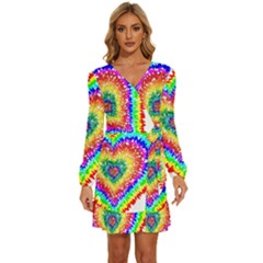 Tie Dye Heart Colorful Prismatic Long Sleeve Waist Tie Ruffle Velvet Dress by pakminggu