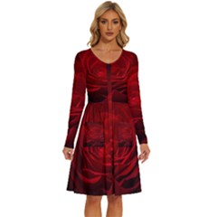 Rose Red Rose Red Flower Petals Waves Glow Long Sleeve Dress With Pocket by pakminggu