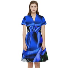 Blue Rose Roses Bloom Blossom Short Sleeve Waist Detail Dress by pakminggu