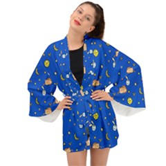 Cat Animals Sleep Stars Seamless Background Long Sleeve Kimono by pakminggu