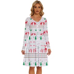 Red Green And Blue Christmas Themed Illustration Long Sleeve Dress With Pocket by pakminggu