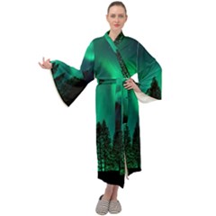 Aurora Northern Lights Phenomenon Atmosphere Sky Maxi Velvet Kimono by pakminggu