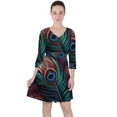 Peacock Feathers Nature Feather Pattern Quarter Sleeve Ruffle Waist Dress by pakminggu