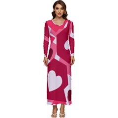 Pink Hearts Pattern Love Shape Long Sleeve Longline Maxi Dress by danenraven