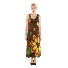 Floral Hearts Brown Green Retro Sleeveless Maxi Dress by danenraven