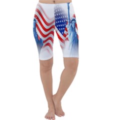 Statue Of Liberty And Usa Flag Art Cropped Leggings  by danenraven