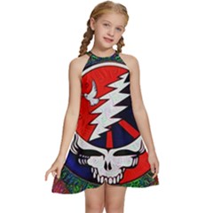 Grateful Dead Pattern Kids  Halter Collar Waist Tie Chiffon Dress by Mog4mog4