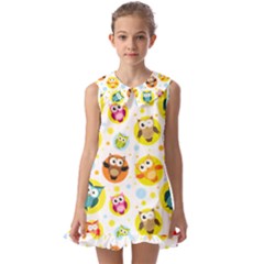 Owl Bird Cartoon Kids  Pilgrim Collar Ruffle Hem Dress by Bakwanart