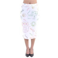 Cats And Food Doodle Seamless Pattern Velvet Midi Pencil Skirt by Bakwanart