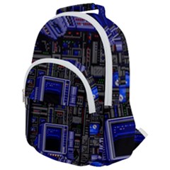 Blue Computer Monitor With Chair Game Digital Wallpaper, Digital Art Rounded Multi Pocket Backpack by Bakwanart