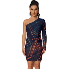 Abstract Colorful Circuit Long Sleeve One Shoulder Mini Dress by Bakwanart