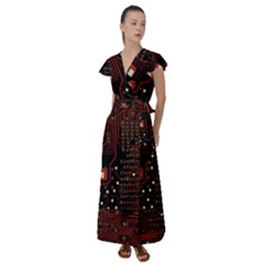 Red Computer Circuit Board Flutter Sleeve Maxi Dress by Bakwanart