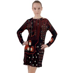 Red Computer Circuit Board Long Sleeve Hoodie Dress by Bakwanart