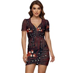 Red Computer Circuit Board Low Cut Cap Sleeve Mini Dress by Bakwanart