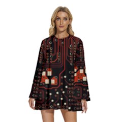 Red Computer Circuit Board Round Neck Long Sleeve Bohemian Style Chiffon Mini Dress by Bakwanart