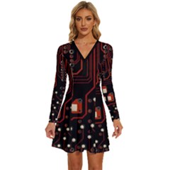 Red Computer Circuit Board Long Sleeve Deep V Mini Dress  by Bakwanart