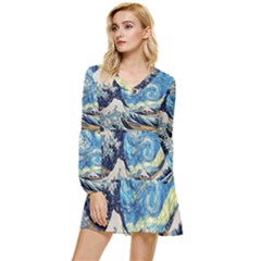 The Great Wave Of Kanagawa Painting Hokusai, Starry Night Vincent Van Gogh Tiered Long Sleeve Mini Dress by Bakwanart