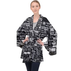 Music Pattern Black White Long Sleeve Velvet Kimono  by 99art