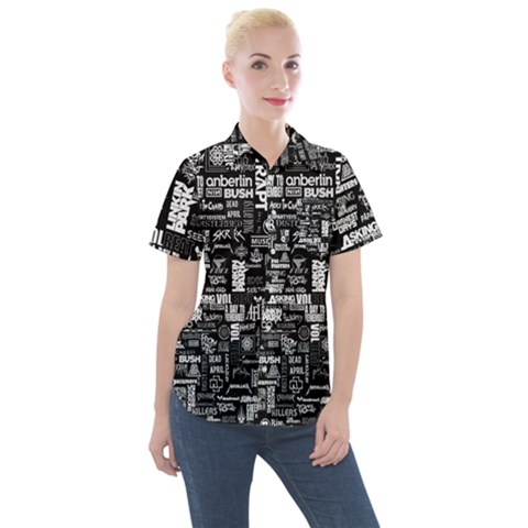 Music Pattern Black White Women s Short Sleeve Pocket Shirt by 99art