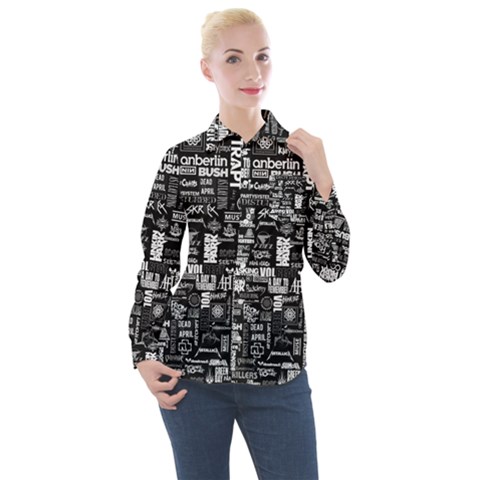 Music Pattern Black White Women s Long Sleeve Pocket Shirt by 99art