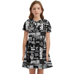 Music Pattern Black White Kids  Bow Tie Puff Sleeve Dress by 99art