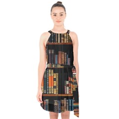 Assorted Title Of Books Piled In The Shelves Assorted Book Lot Inside The Wooden Shelf Halter Collar Waist Tie Chiffon Dress by 99art