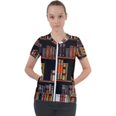 Assorted Title Of Books Piled In The Shelves Assorted Book Lot Inside The Wooden Shelf Short Sleeve Zip Up Jacket by 99art